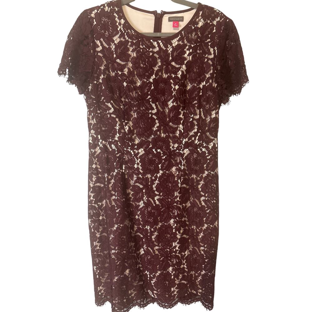 Vince Camuto Lace Dress Deep Purple Size‎ 10 Short Sleeve Scallop Details